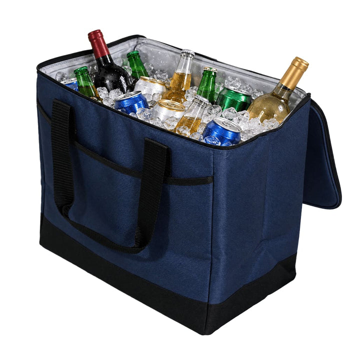Chill Out 2.0 36 Can Cooler - 20L - A navy cooler bag filled with ice and assorted beverages, including beers, wines, and soft drinks. It has a logo.