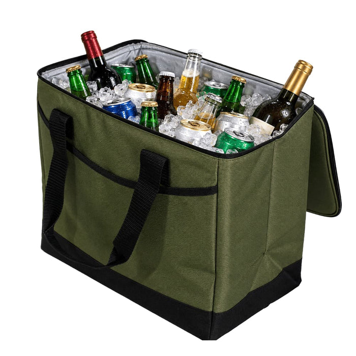 Chill Out 2.0 36 Can Cooler - 20L - A large green cooler bag filled with ice and various beverages, including cans and bottles. It features sturdy black handles.