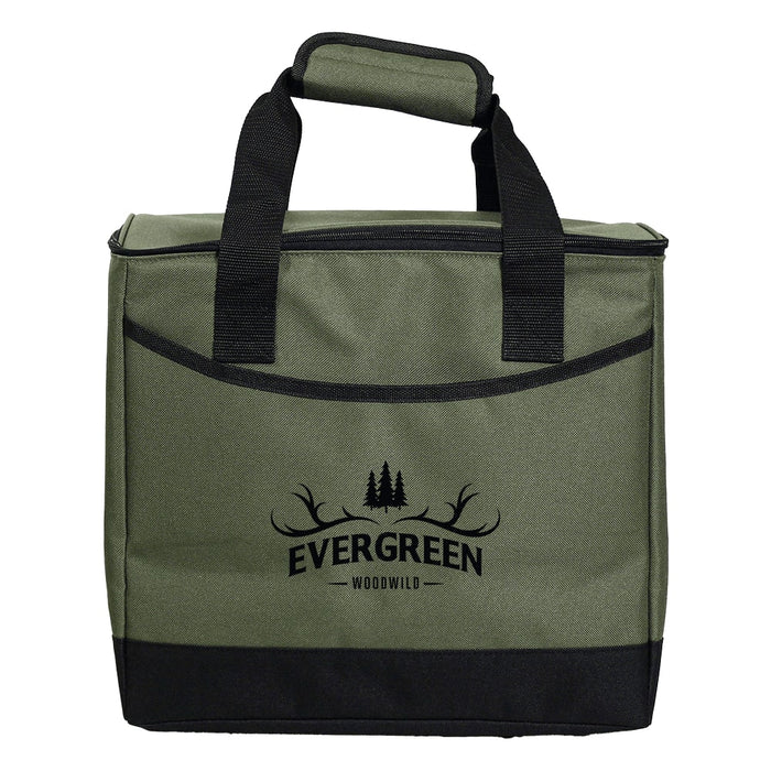 Chill Out 2.0 36 Can Cooler - 20L - A green cooler bag with black handles and a logo on the front, designed to hold 36 cans.