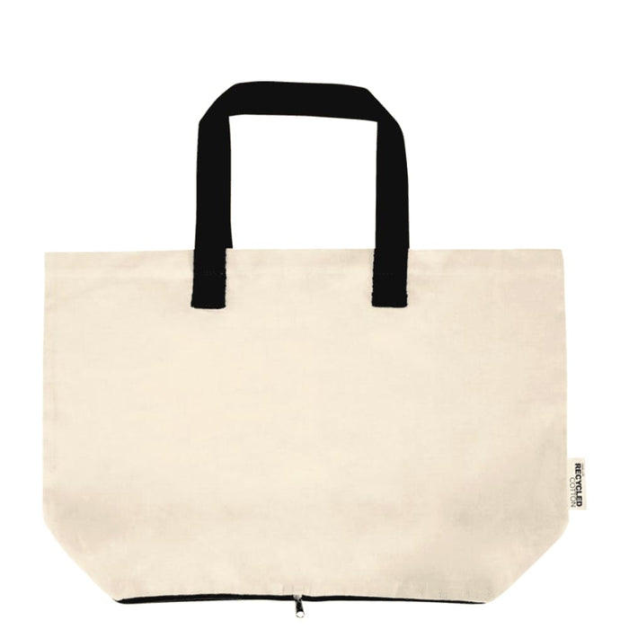 Sierra Foldable GRS Recycled  Cotton Tote Bag - A beige foldable tote bag with black handles and a zip closure, featuring a logo on the side.
