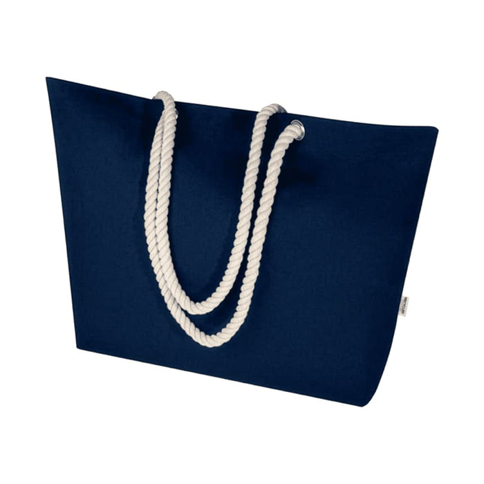 Florida GRS Recycled Beach Tote Bag - A navy blue beach tote bag with white rope handles and a branding logo.
