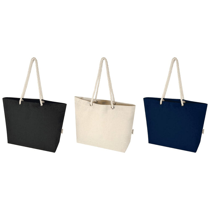 Florida GRS Recycled Beach Tote Bag - A tote bag in black, cream, and navy, featuring rope handles and a simple design. It has a logo on one side.