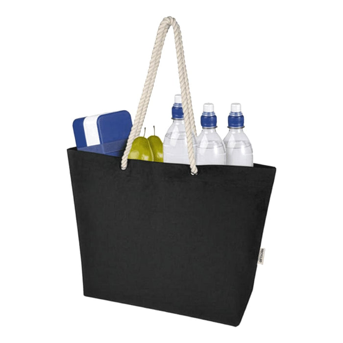 Florida GRS Recycled Beach Tote Bag - A black tote bag with a rope handle, filled with water bottles, a blue cooler, and green fruit. It features a logo.