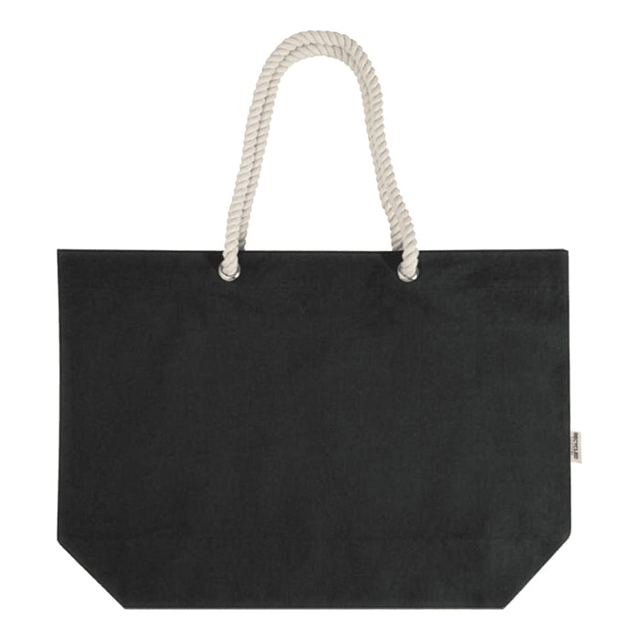Florida GRS Recycled Beach Tote Bag - A black tote bag with a rope handle and a fabric logo tag.