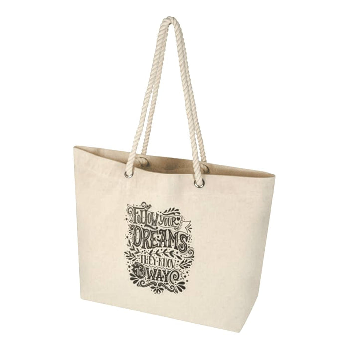 Florida GRS Recycled Beach Tote Bag - A cream beach tote bag with rope handles and a decorative design. It features a logo on one side.
