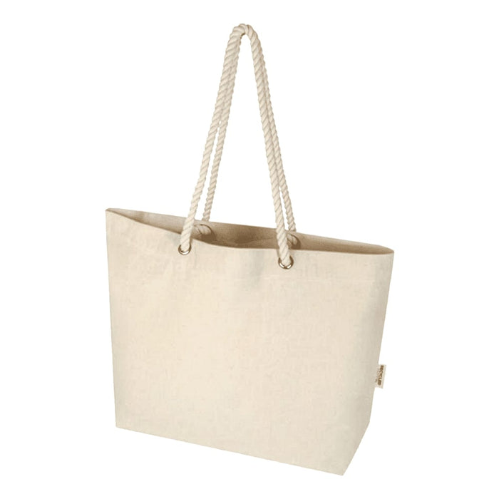 Florida GRS Recycled Beach Tote Bag - A cream-coloured tote bag with rope handles and a simple design, featuring a logo on the side.