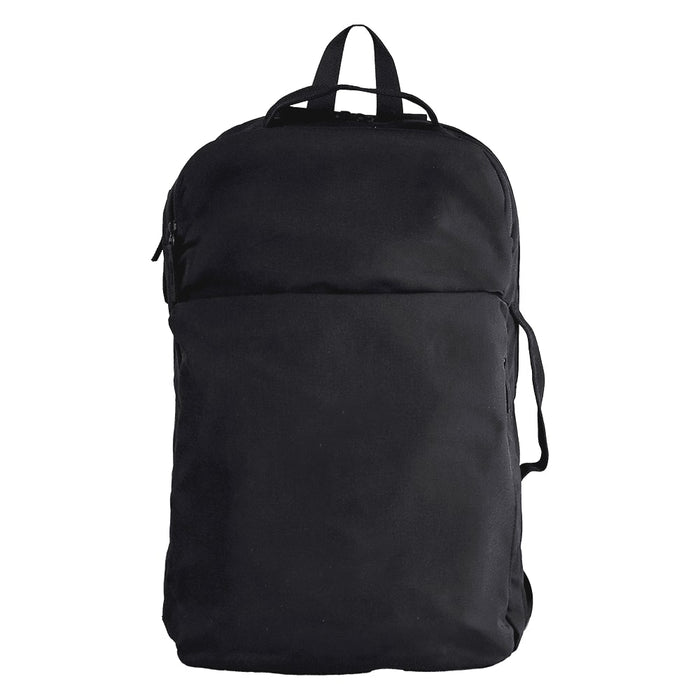 Rime Backpack - A black backpack with a zippered front pocket and two side straps. It features a top handle and a minimalist design.