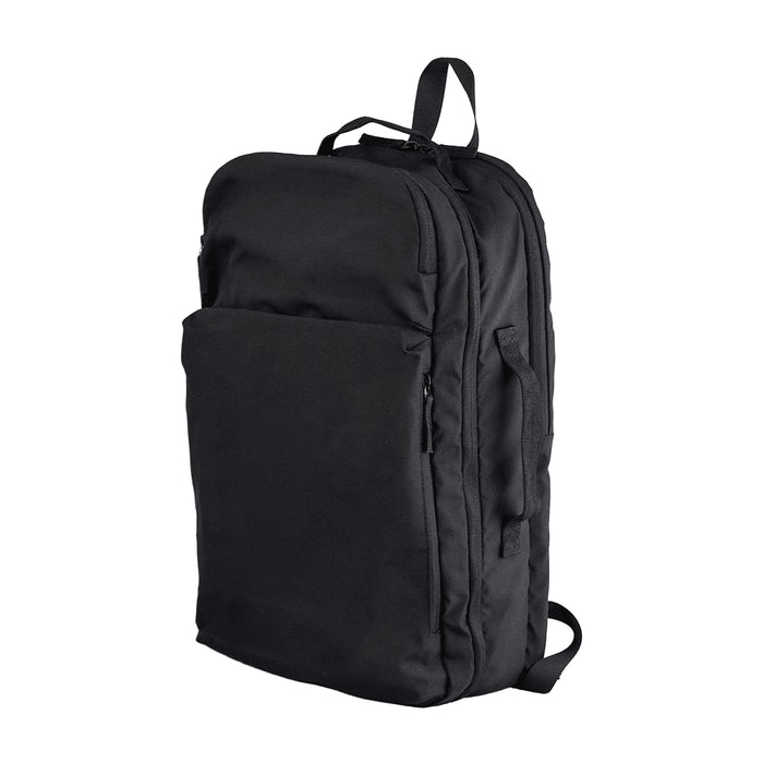 Rime Backpack - A black backpack with multiple compartments and a logo, featuring a sleek, minimalist design.