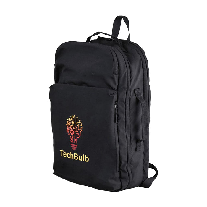 Rime Backpack - A black backpack with a large front pocket, featuring a logo on the front.
