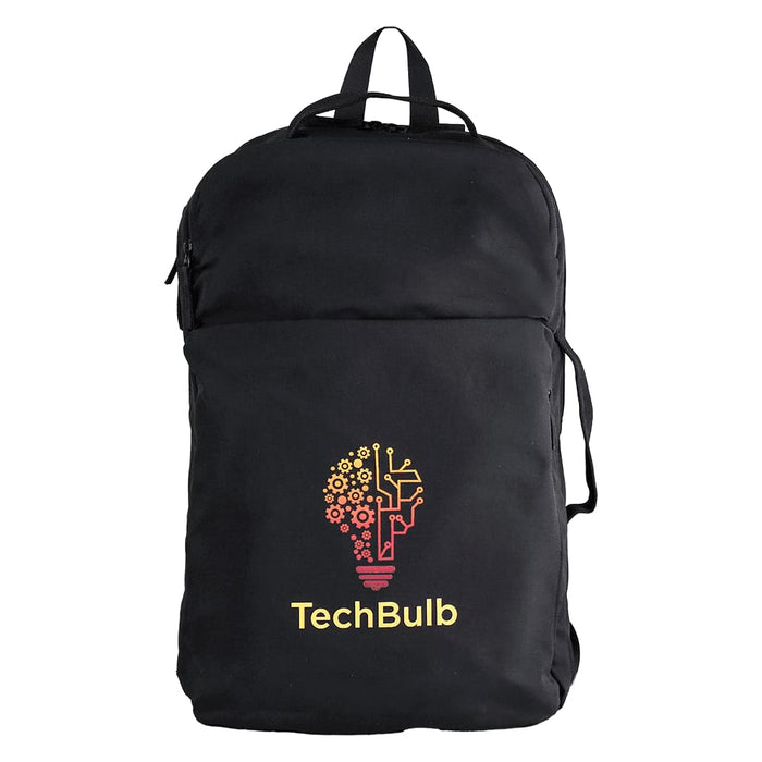 Rime Backpack - A black backpack featuring a logo with a light bulb design and multicoloured elements.