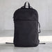 Rime Backpack - A black backpack with a sleek design and a front pocket, featuring straps and a logo on the side.