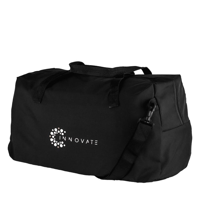 Rime Duffel Bag - A black duffel bag with a logo, featuring two handles and an adjustable shoulder strap.