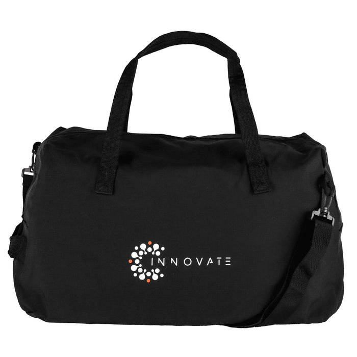 Rime Duffel Bag - A black duffel bag with two handles, a shoulder strap, and a logo on the front.
