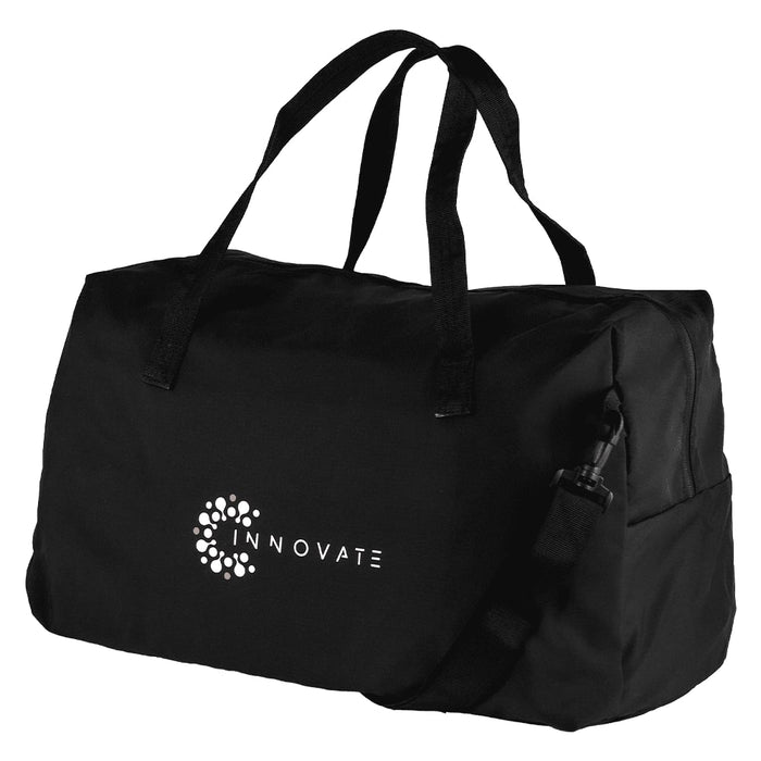Rime Duffel Bag - A black duffel bag with sturdy handles and a branding logo on the side.