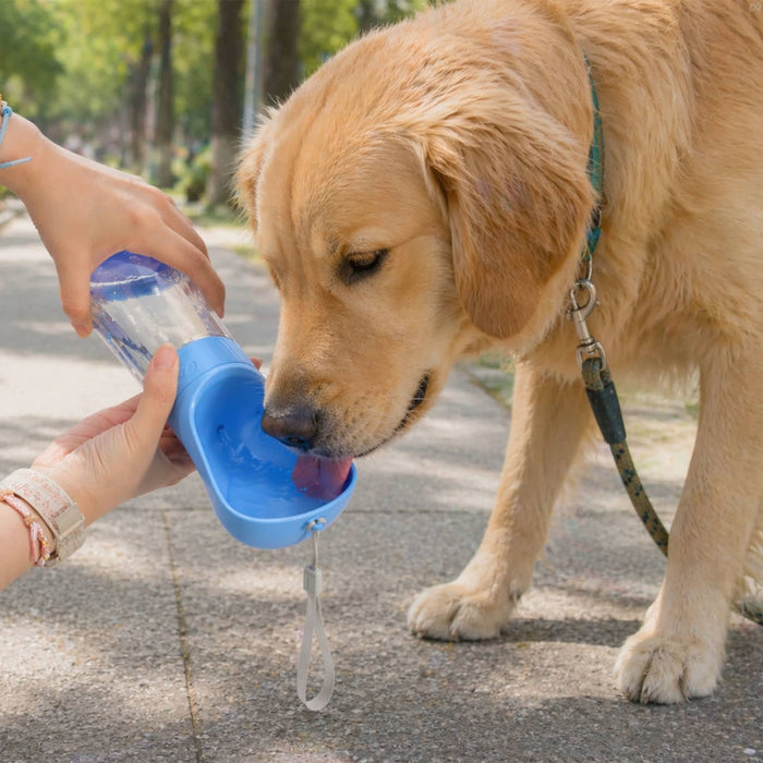 Pet Water Bottle with Food Container - A drink bottle with a blue base and transparent container, designed for pets, featuring a food container.