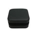PU Leather Jewellery Box - A square black PU leather jewellery box with a zipped closure. The surface features a textured pattern and a logo.