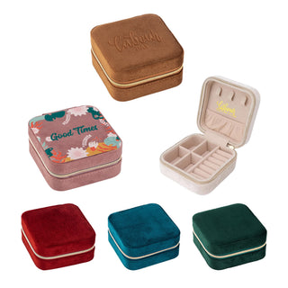 Velvet Jewellery Organizer - A collection of velvet jewellery organisers in various colours, featuring floral designs and a simple interior layout.