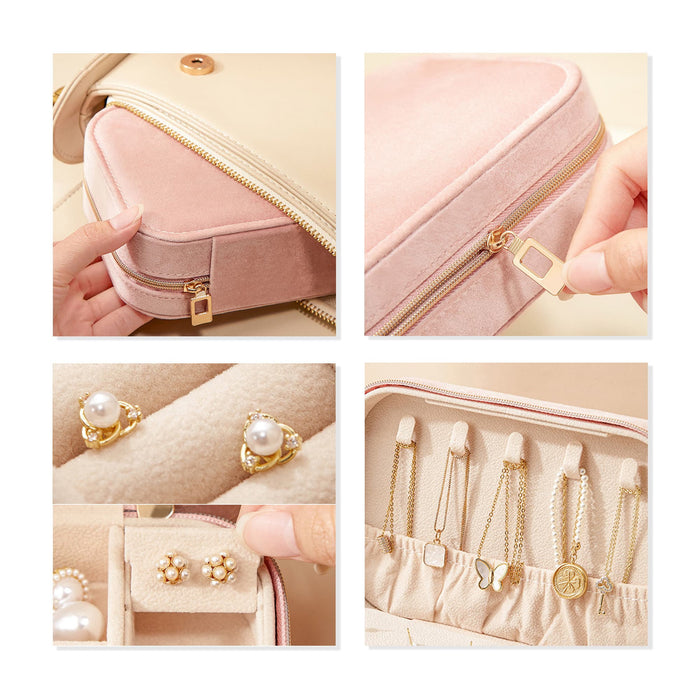 Velvet Jewellery Box with Compartment - A velvet jewellery box in cream and pink with compartments, showcasing earrings and storage for various accessories.