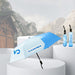 Anti-rebound Folding Umbrella - A blue and white anti-rebound folding umbrella with a logo, displayed on a pedestal with a backdrop of mountains.