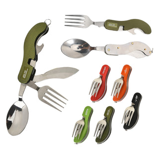 Camping Cutlery - A camping cutlery set featuring green, orange, red, and black utensils, including a multi-tool with a fork, spoon, and knife.