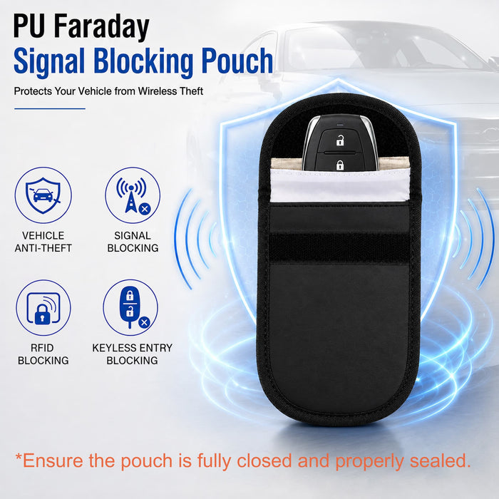 PU Faraday Signal Blocking Pouch - A black PU Faraday signal blocking pouch with a key fob inside, designed for vehicle security against wireless theft.