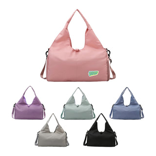 Duffle Bag With Yoga Mat Strap - A pink duffle bag with a yoga mat strap, alongside options in lavender, grey, green, and black. The bag has a logo.