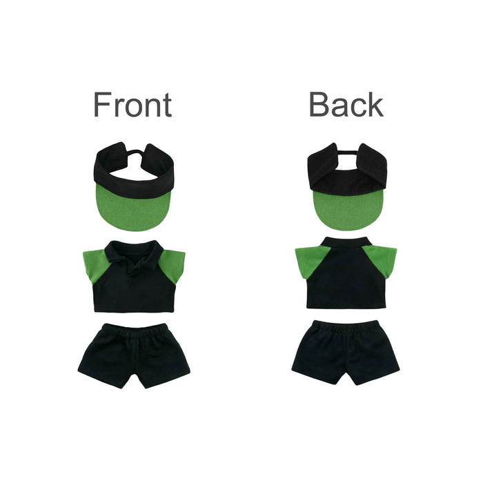 Plush Doll Racing Suit Set (15–17cm Doll) - A plush doll racing suit set featuring a black and green outfit with a matching cap. Includes front and back views.