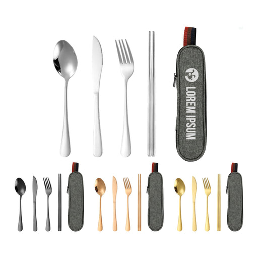 Travel Cutlery Set 4pcs - A travel cutlery set featuring stainless steel spoon, knife, fork, chopsticks, and a zippered grey carrying case.