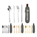 Travel Cutlery Set 4pcs - A travel cutlery set featuring stainless steel spoon, knife, fork, chopsticks, and a zippered grey carrying case.