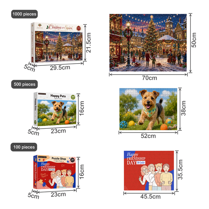 Custom Gift Box Jigsaw Puzzle - Custom gift box jigsaw puzzles in various designs, including festive and pet themes, featuring vibrant colours and different piece counts.