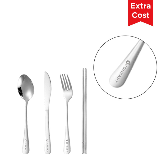Travel Cutlery Set 4pcs - A travel cutlery set featuring a spoon, fork, knife, and chopsticks in silver with a logo.