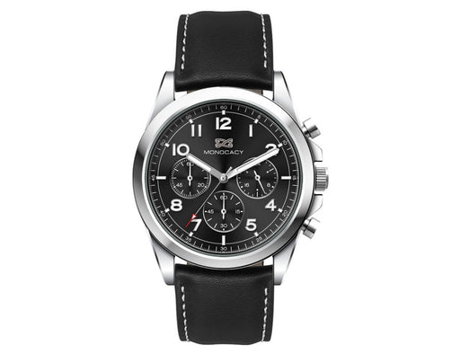 Chrono Unisex Watch, Leather Strap - A black unisex watch featuring a leather strap, silver accents, and a black dial with white and red details.