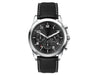 Chrono Unisex Watch, Leather Strap - A unisex watch featuring a black leather strap and a silver stainless steel case with a black dial and chronograph functions.