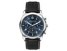 Chrono Unisex Watch, Leather Strap - A silver chronograph watch with a blue dial and black leather strap, featuring white stitching and a logo.