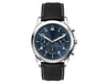 Chrono Unisex Watch, Leather Strap - A stylish watch with a blue dial, silver casing, and a black leather strap featuring white stitching.