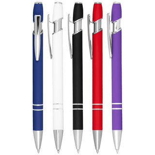 Talara Click Action Ballpoint Pen - A collection of Talara Click Action Ballpoint Pens in blue, white, black, red, and purple with silver accents.