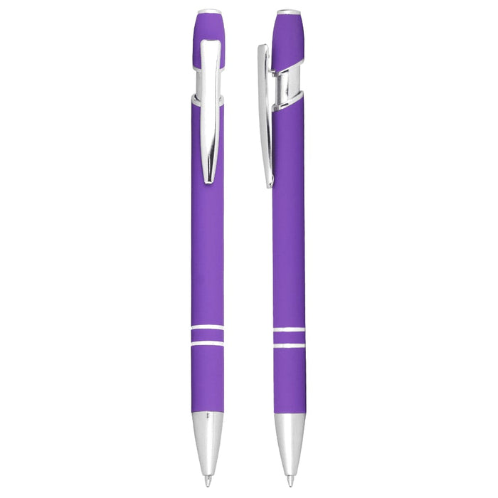 Talara Click Action Ballpoint Pen - A purple ballpoint pen with a shiny silver clip and detailing, featuring a simple design and a logo.