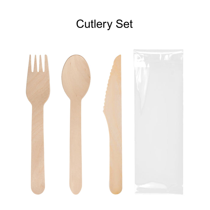 Pack of 100 Per Pack Disposable Wooden Cutlery - (Forks /Spoons/Knives/2 in 1 Spoon and fork)-(Big) - A pack of disposable wooden cutlery including forks, spoons, and knives in natural wood colour, packaged with a clear sleeve.
