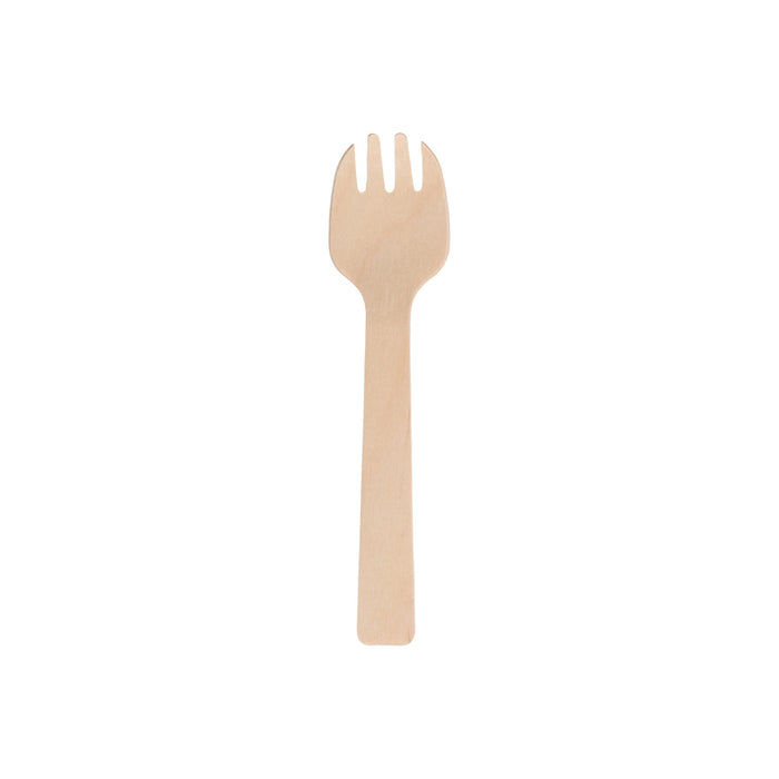 Pack of 100 Per Pack Disposable Birch Spoons/Forks (Small) - A small disposable birch fork in natural wood colour, featuring three prongs and a long handle.