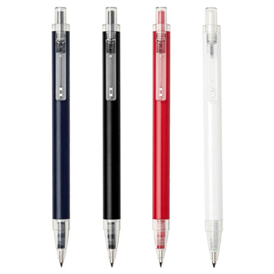 Spectrum Recycled Aluminium Ballpoint Pen - A set of four ballpoint pens in navy, black, red, and white, featuring clear barrels and branding.