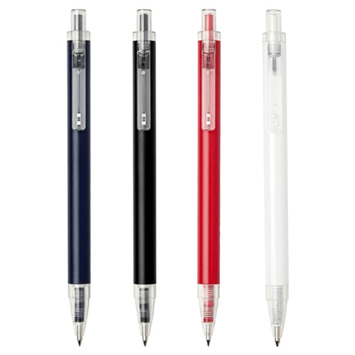 Spectrum Recycled Aluminium Ballpoint Pen - A set of four ballpoint pens in navy, black, red, and white, featuring clear barrels and branding.