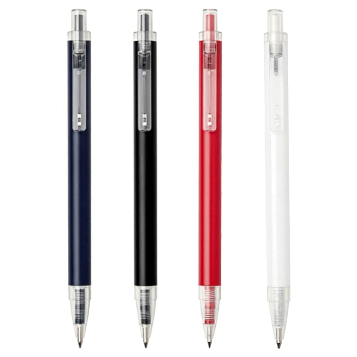 Spectrum Recycled Aluminium Ballpoint Pen - A set of four ballpoint pens in navy, black, red, and white, featuring clear barrels and branding.