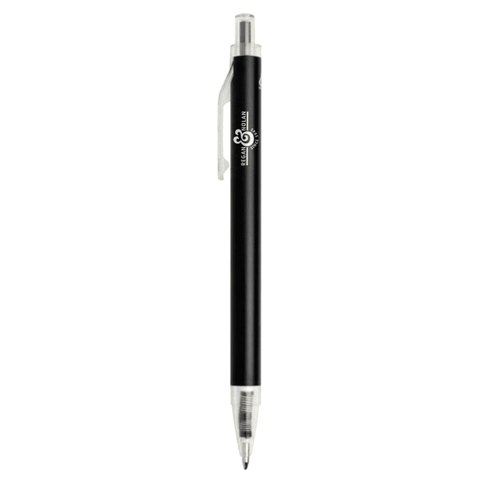 Spectrum Recycled Aluminium Ballpoint Pen - A black recycled aluminium ballpoint pen with a silver tip and clip, featuring a logo.