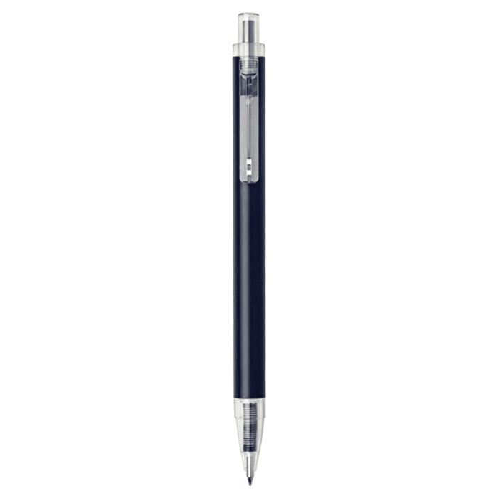 Spectrum Recycled Aluminium Ballpoint Pen - A ballpoint pen in navy blue with a silver clip and tip, featuring a sleek design and branding.