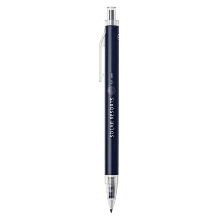 Spectrum Recycled Aluminium Ballpoint Pen - A navy blue recycled aluminium ballpoint pen with a silver clip and a branding logo.