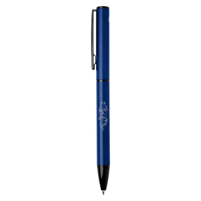 Verton Recycled Aluminium Twist Ballpoint Pen - A blue recycled aluminium twist ballpoint pen with a clip and branding on the barrel.