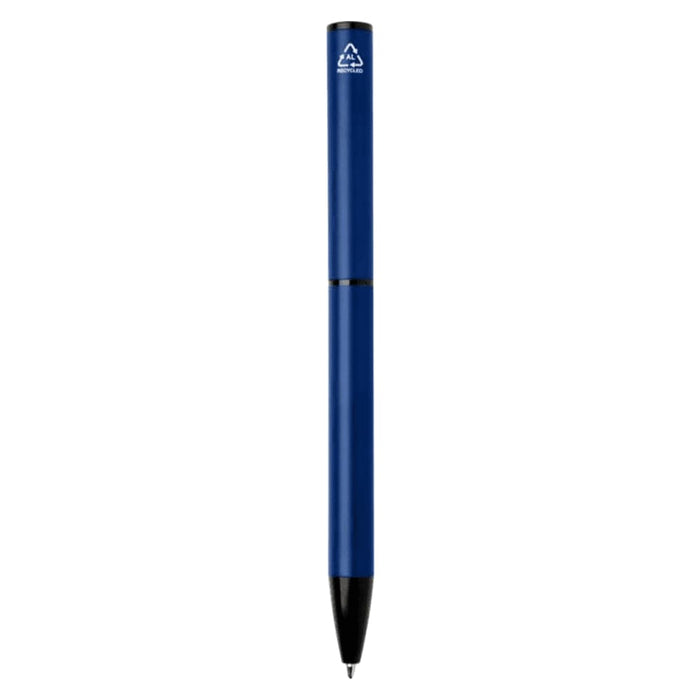 Verton Recycled Aluminium Twist Ballpoint Pen - A blue recycled aluminium twist ballpoint pen with a logo at the top.