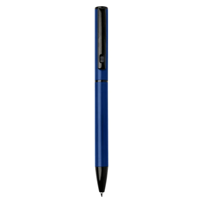 Verton Recycled Aluminium Twist Ballpoint Pen - A blue ballpoint pen made from recycled aluminium with a black cap and clip, featuring a logo.