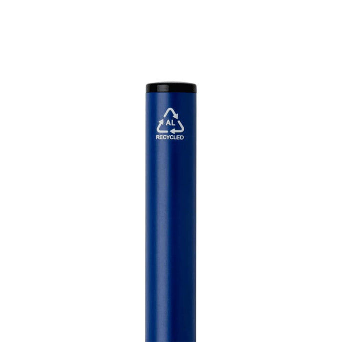 Verton Recycled Aluminium Twist Ballpoint Pen - A blue twist ballpoint pen made from recycled aluminium, featuring a black cap and a logo indicating its eco-friendly materials.