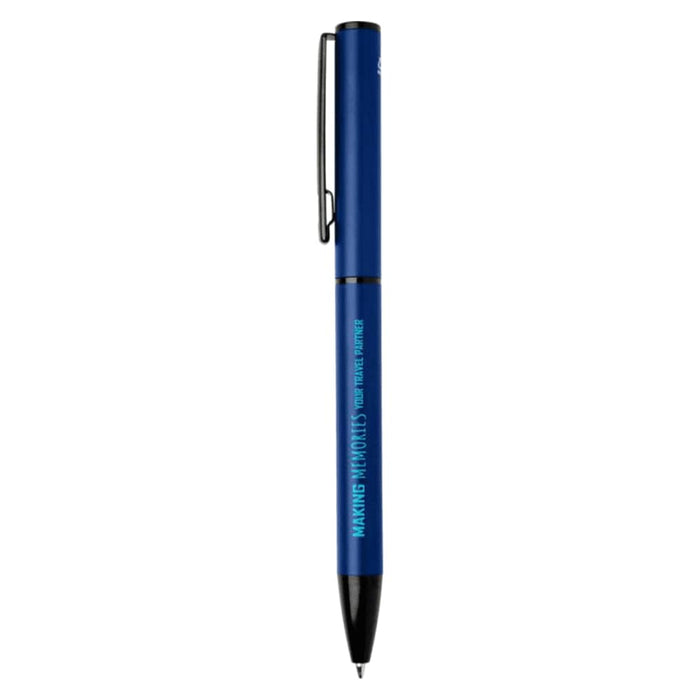 Verton Recycled Aluminium Twist Ballpoint Pen - A blue ballpoint pen with a recycled aluminium body and a clip for attachment. It features a logo.